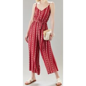 Francesca's Mi Ami Womens Dorian Tie Waist‎ Printed V Neck Jumpsuit Ankle Rust L